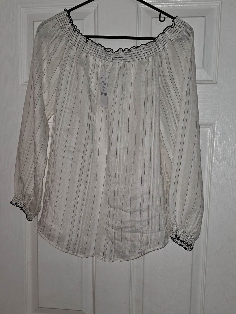 White House Black Market Cream and Black Striped Off-Shoulder Tunic